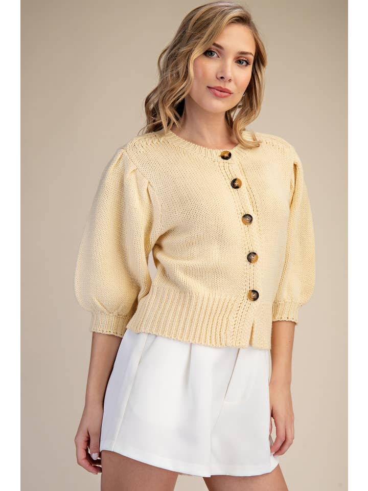 Glam - Wholesale Knit Sweater - Women's - Short Puff Sleeve Button Down Sweater - Reorder Friendly20