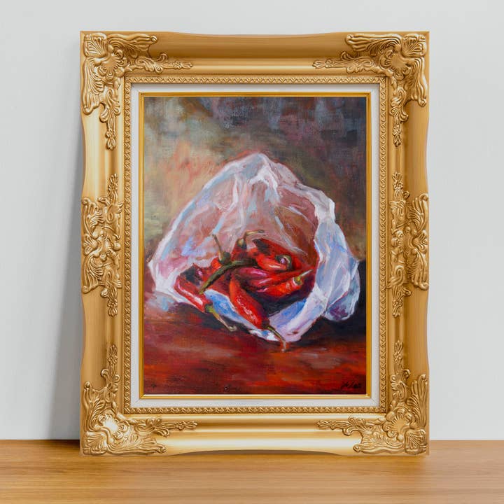 Chili Peppers in Plastic Bag Oil Painting | Fine Art Print for wholesale by Lucy Wei Art