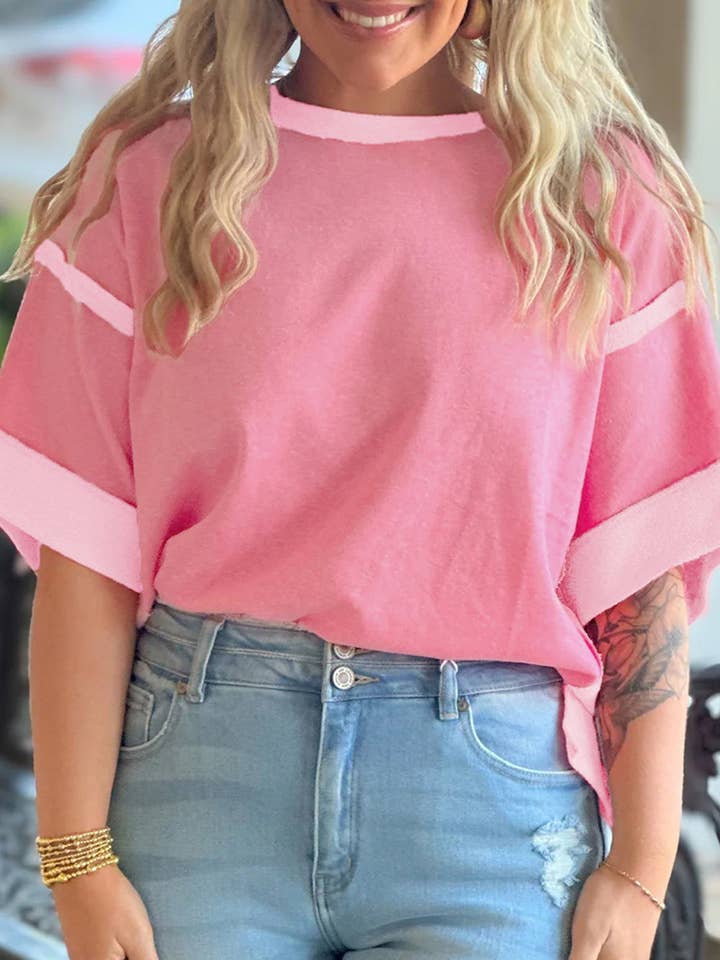 Peach Blossom Two Tones Patchwork Half Sleeve Plus Size T Shirt for wholesale on Faire0