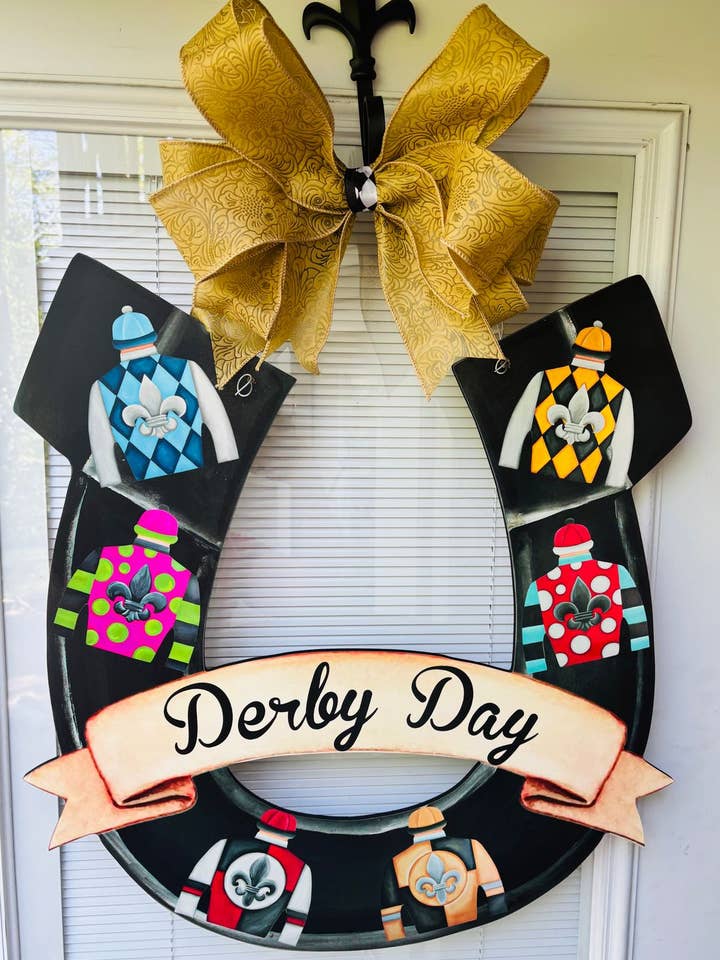Derby Day Horseshoe with Silks Door Hanger for wholesale by Chelle Belle's Creations