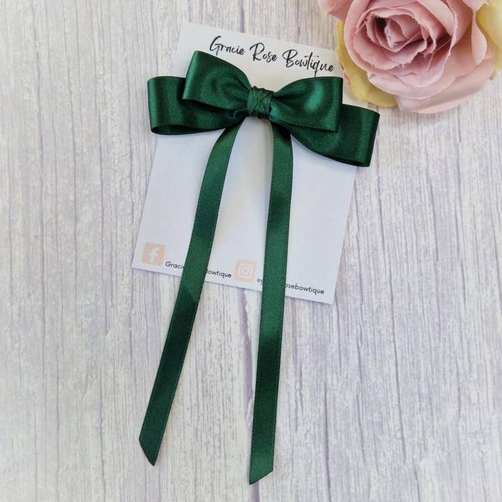 Forest green satin hair bow clip for wholesale by Gracie Rose Bowtique