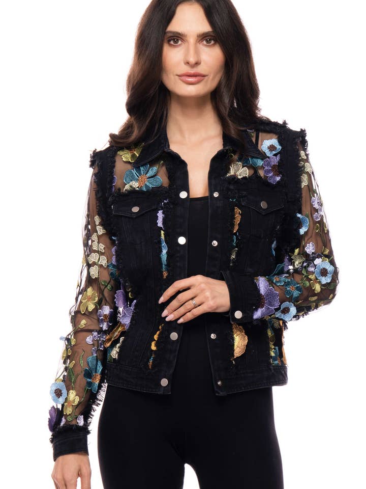 2626 Floral Embroidered Mesh Sleeve Denim Jacket for wholesale by Adore