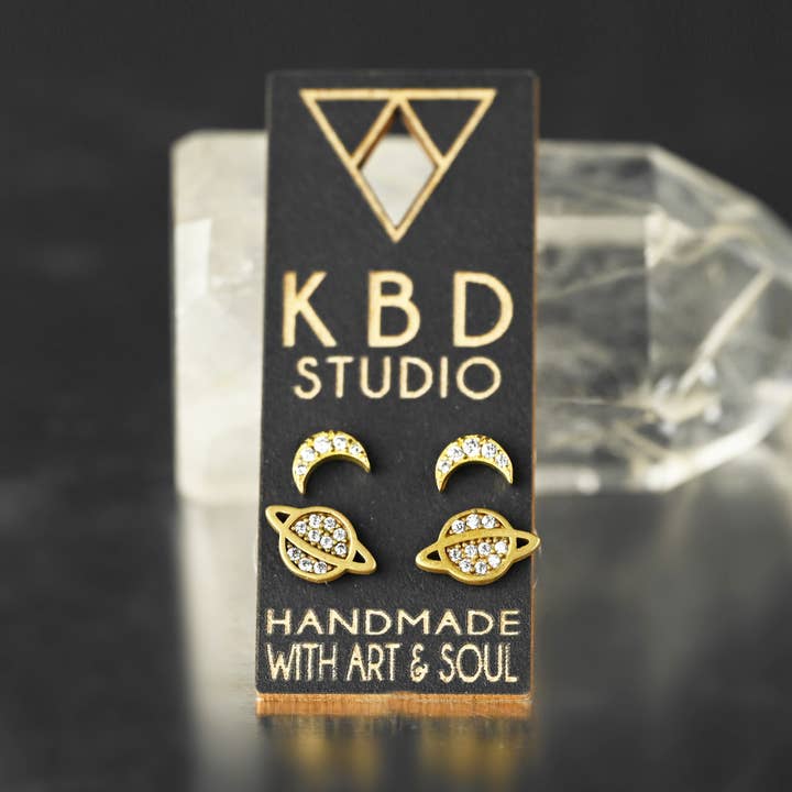 To The Moon & Back Studs with Pave Stones for wholesale by KBD Studio