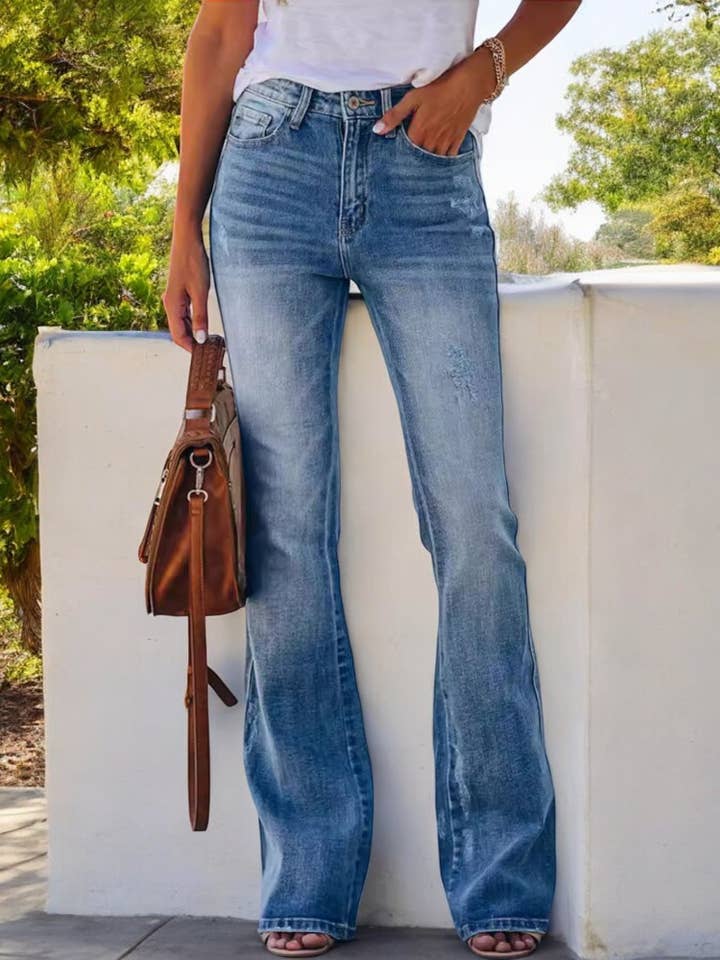 Blue High Waist Flare Jeans with Light Distressing for wholesale on Faire