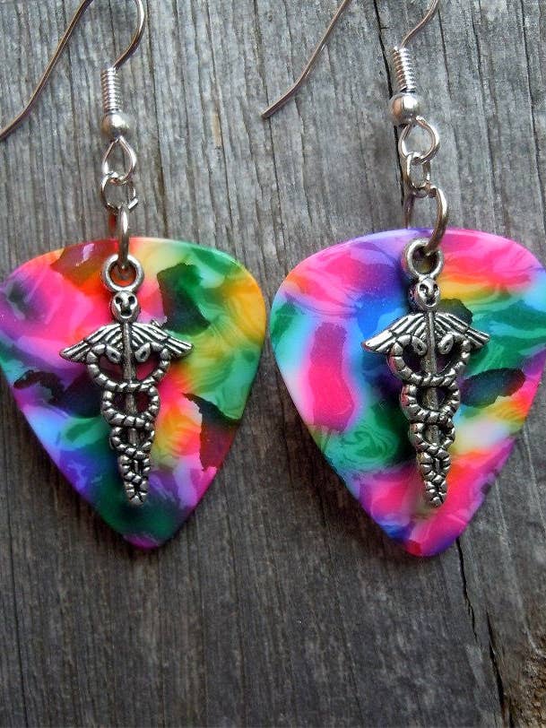 Caduceus Charm Guitar Pick Earrings for wholesale by Simply Raevyn