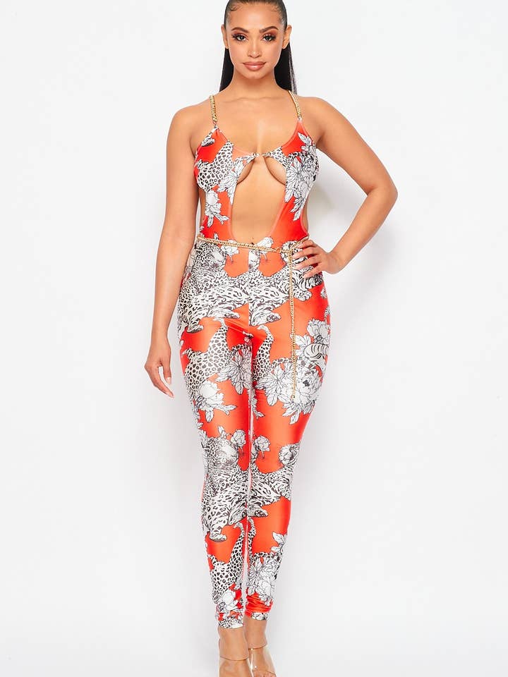 Leopard graphic print cut-out jumpsuit for wholesale by N1