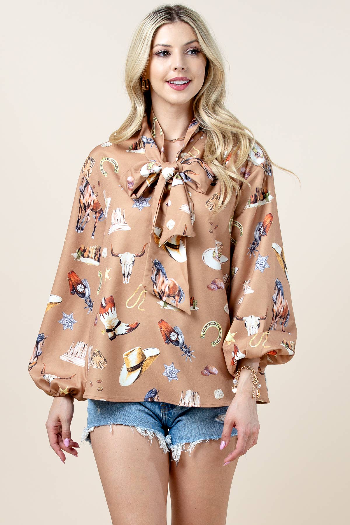 Multi Colored T1629-6173-Western Sheriff Spur Shoes Print  Blouse for wholesale on Faire4