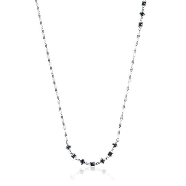 COLLIER LONG CARRÉ ET CRISTAL NOIR FACETTÉ pour la vente par Argent Basic