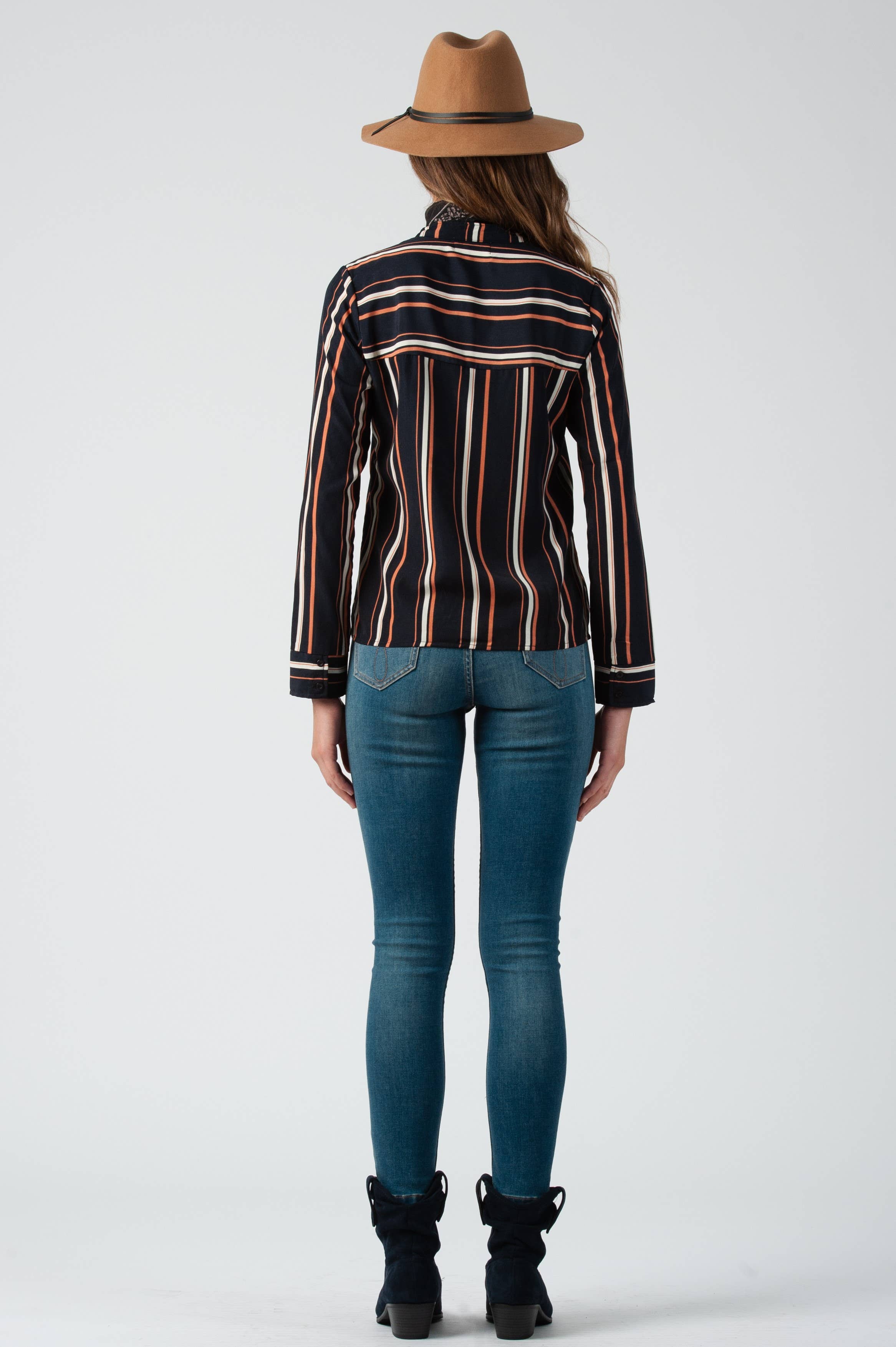 Lucca Couture - Wholesale Button Down Shirt - Women's - Fall Navy Striped Ruffle Yoke Button Down Blouse1