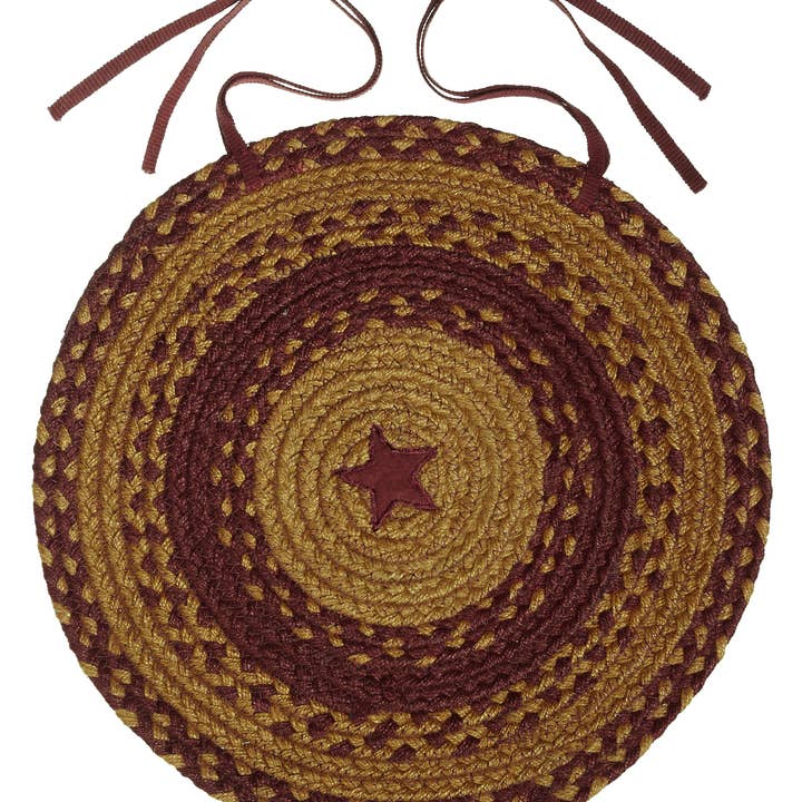 Braided Jute Chair Pad Burgundy star Emb.- 15" Round - JB112 for wholesale by Accent Linen