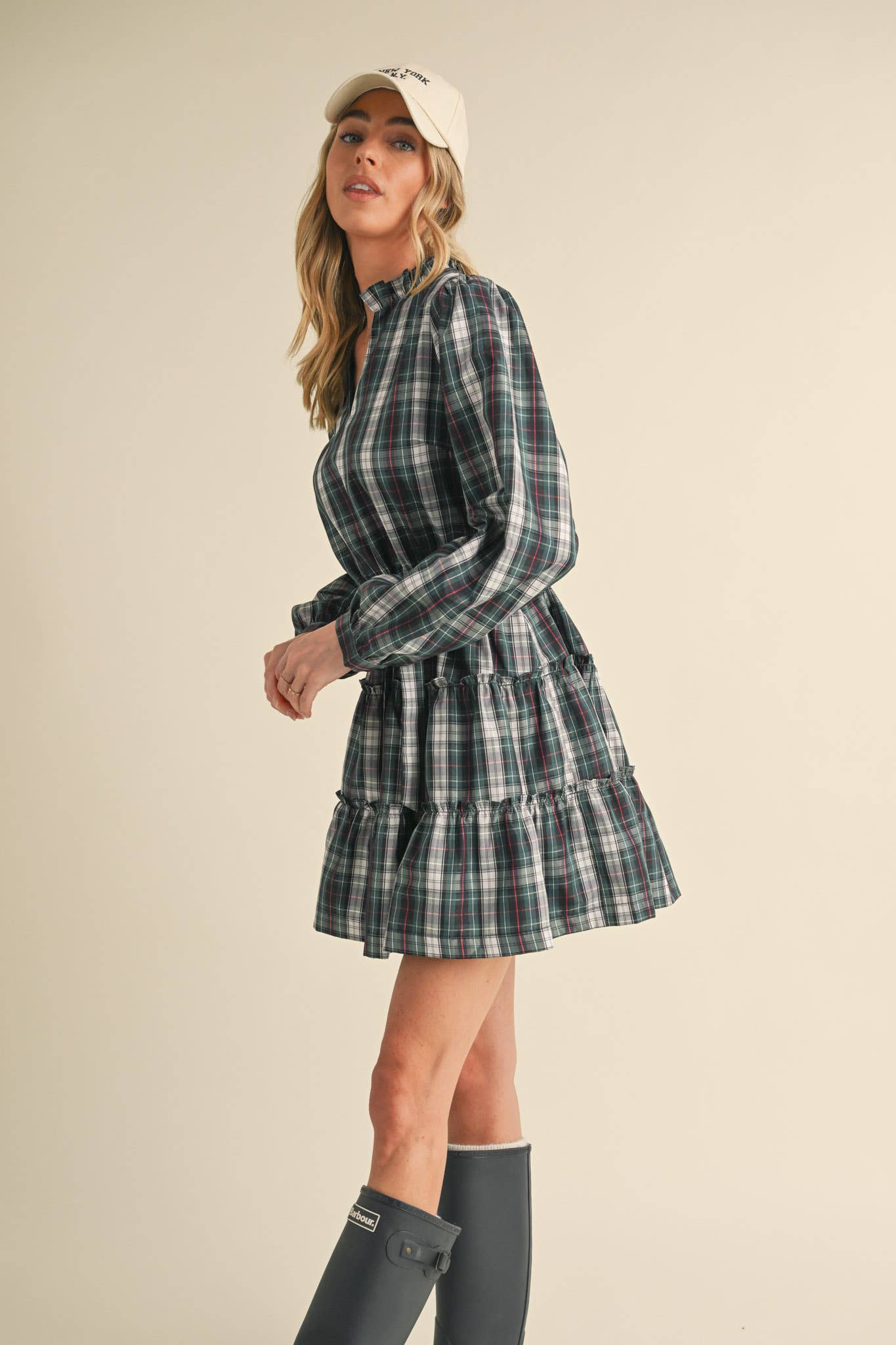 &MERCI - Wholesale Dress - Women's - PLAID MINI DRESS WITH TIERED RUFFLE TRIM MDR353811