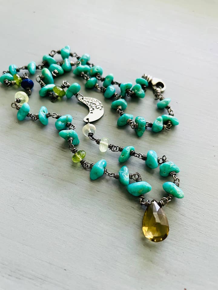 Campitos Turquoise Beaded Necklace With Silver Moon for wholesale by Peaces of Indigo