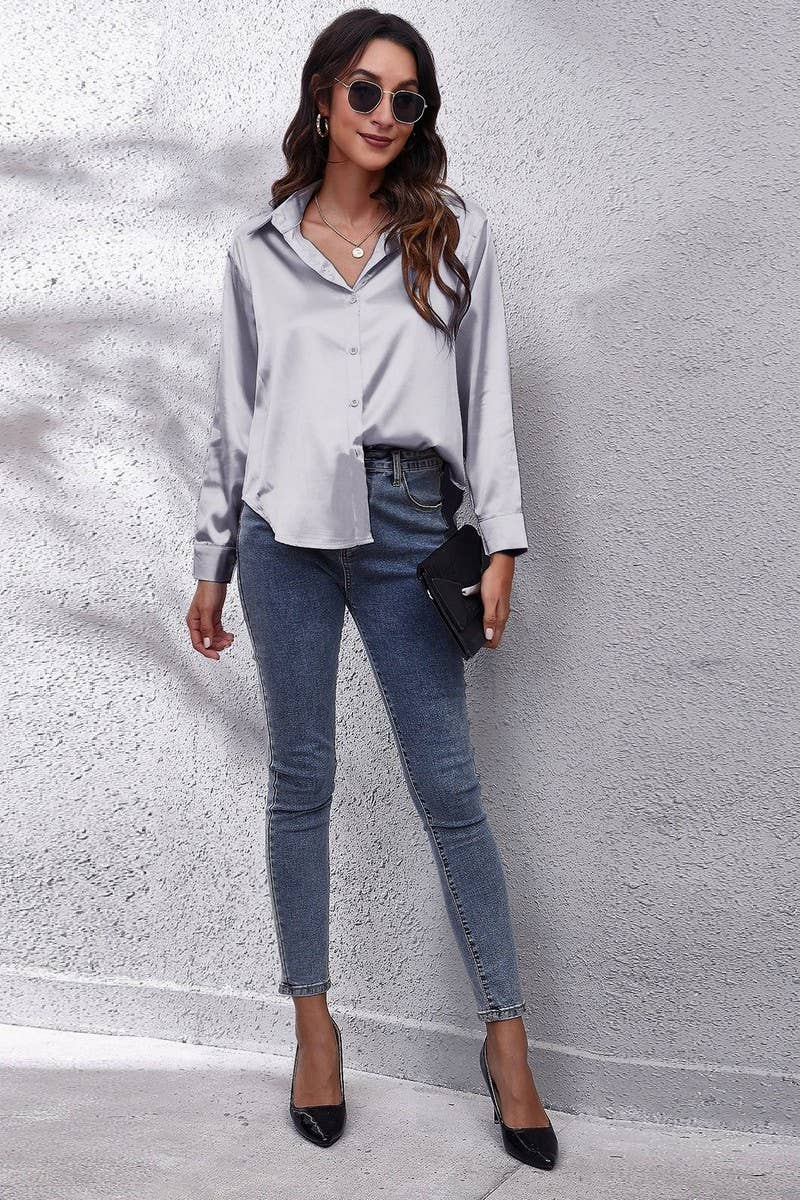 NINEXIS - Wholesale Button Down Shirt - Women's - CWTBLL0691_Button Down Silky Satin Long Sleeve Top47