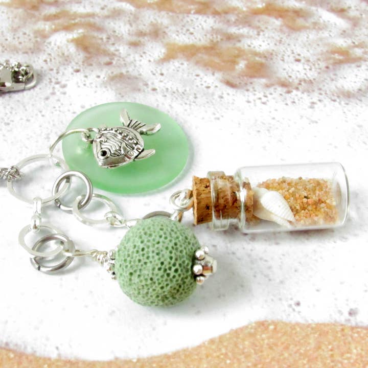 Sea Glass Car Charm with Beach Bottle, Fish Charm for wholesale by EarthlieTreasures