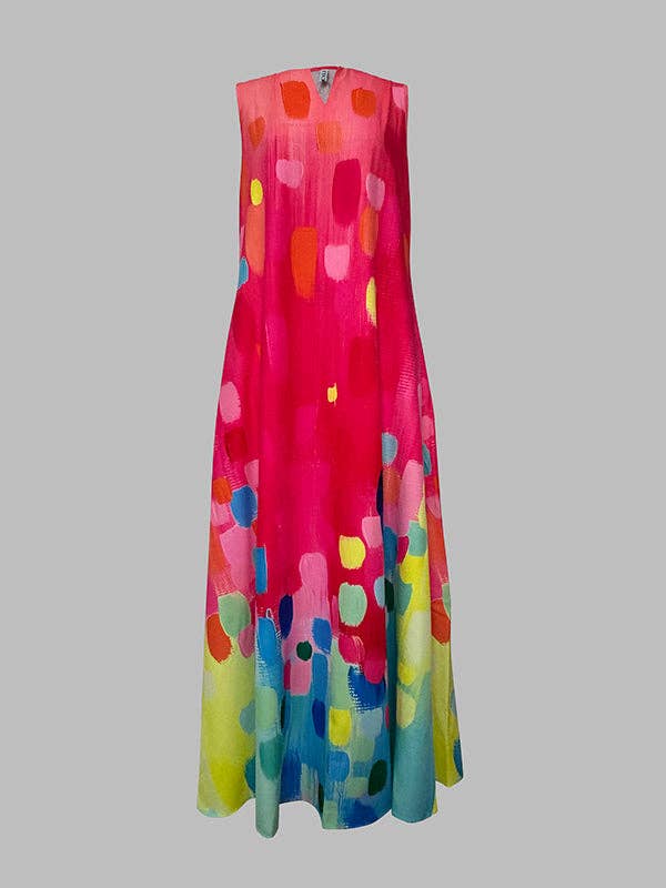COLORFUL Loose Sleeveless Contrast Color Printed V-Neck Maxi Dresses for wholesale on Faire