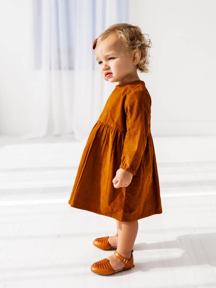 Yo Baby - Wholesale Dress - Kids - Rust Corduroy Solid Color Long Sleeves Gathered Dress