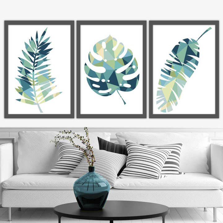 Set of 3 Tropical Teal Green LEAF Art Prints for wholesale by Artze Wall Art