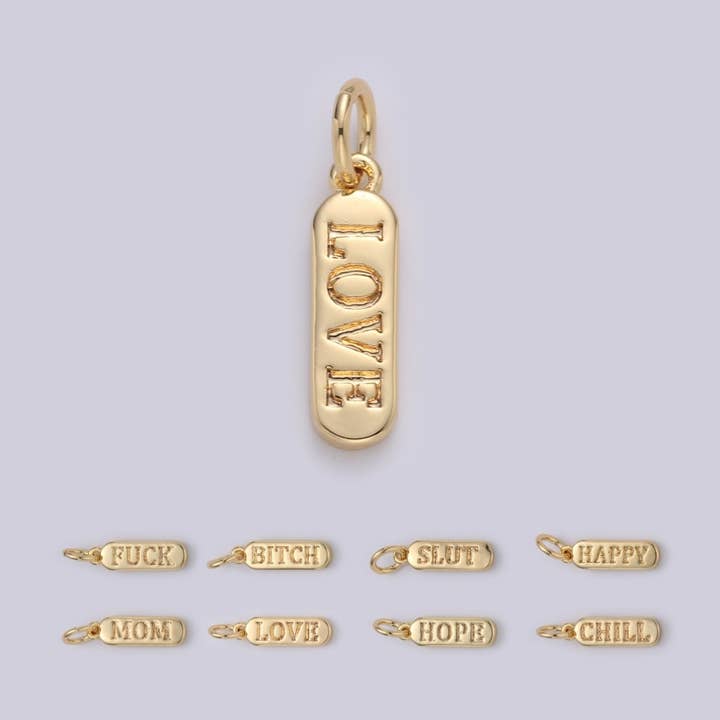 Fijn gouden pilstaafhanger, liefde mama hoop gelukkig chill woorden charme, 14K goud gevulde hanger voor armband ketting oorbel component levering | D-506, D-323-D-330, D-747 voor wholesale door Aim Eternal