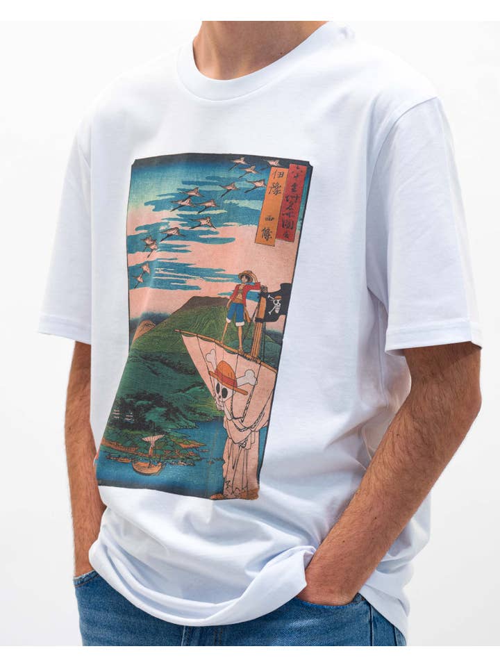 White Floating Pirate Tee - One Piece Luffy Tee for wholesale on Faire