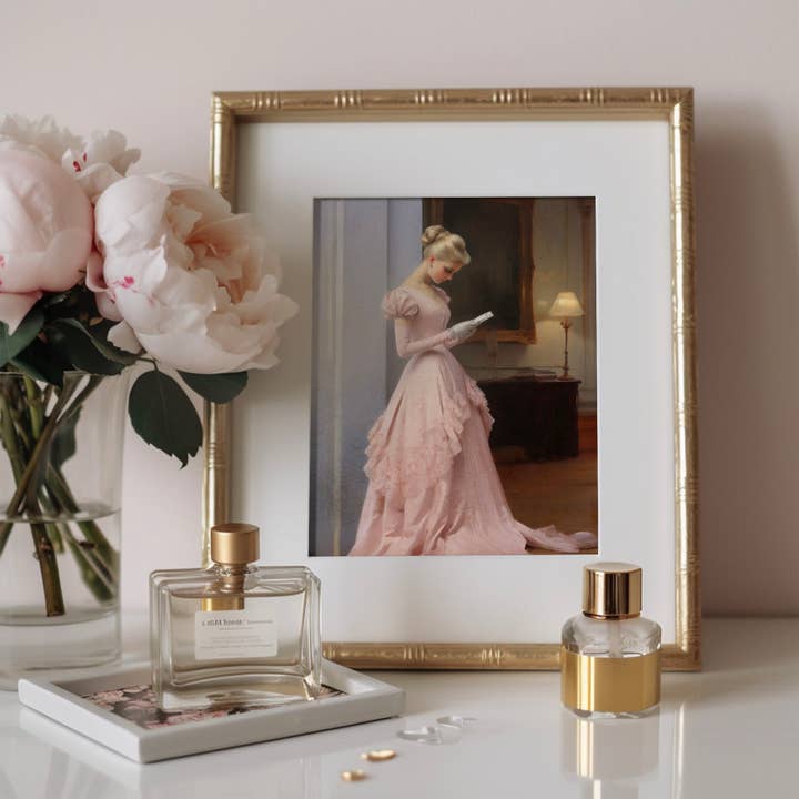 Paper House Print Shop - Wholesale Art Print - Victorian Woman Reading Book in Pastel Pink Gown Valentine's Day Art Print