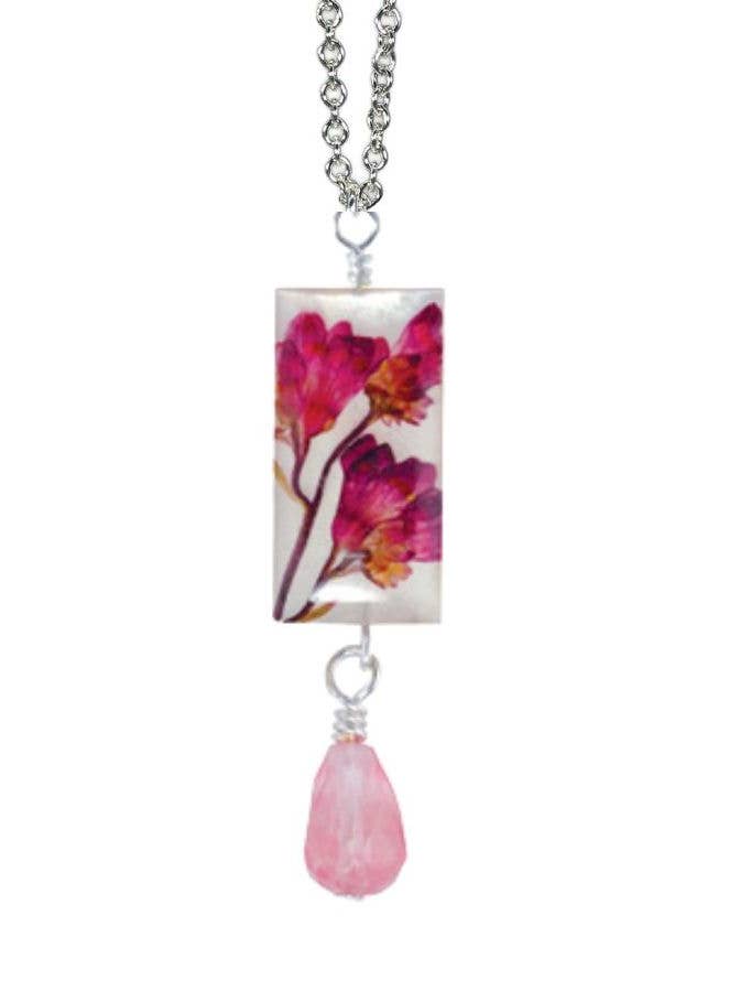 Coral Bell On Shell Small Rectangle Necklace w/Drop for wholesale by Shari Dixon