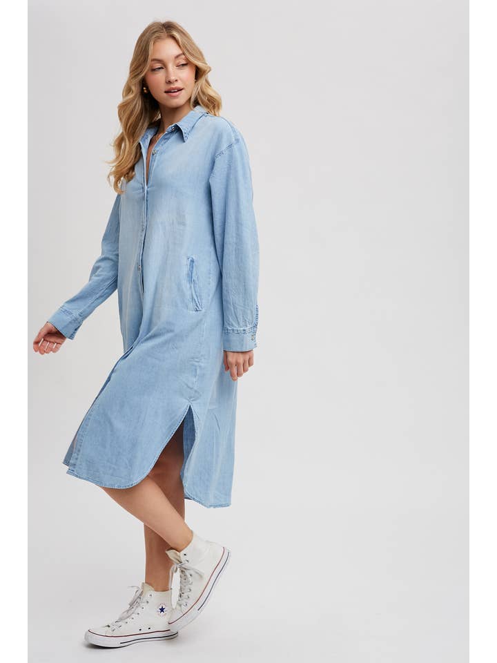 Bluivy - Wholesale Dress - Women's - DENIM LONGLINE SHIRT MIDI DRESS