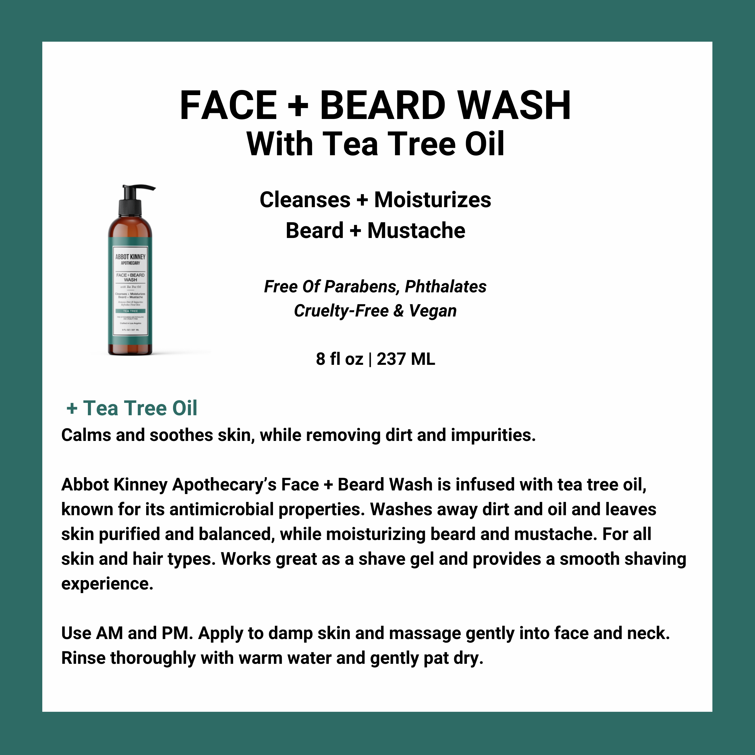 Abbot Kinney Apothecary – wholesale Facial cleanser – Abbot Kinney Apothecary Face + Beard Wash with Tea Tree Oil5