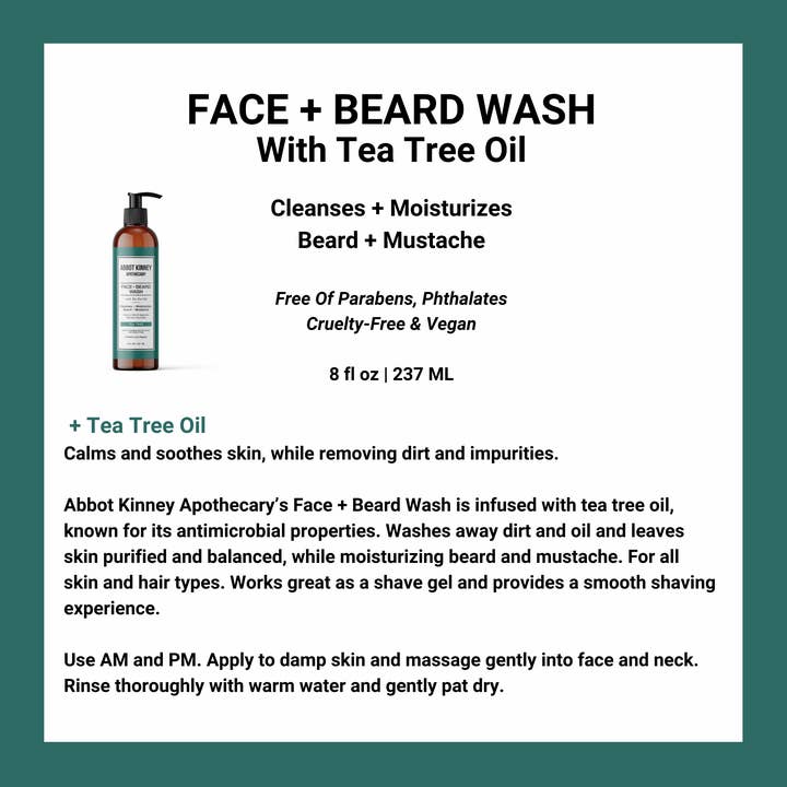 Abbot Kinney Apothecary – wholesale Facial cleanser – Abbot Kinney Apothecary Face + Beard Wash with Tea Tree Oil5