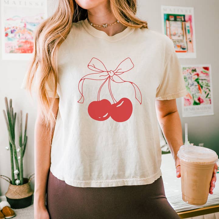 Coquette Cherries Valentine's Day Heart Cropped Shirt for wholesale by Wild Voices