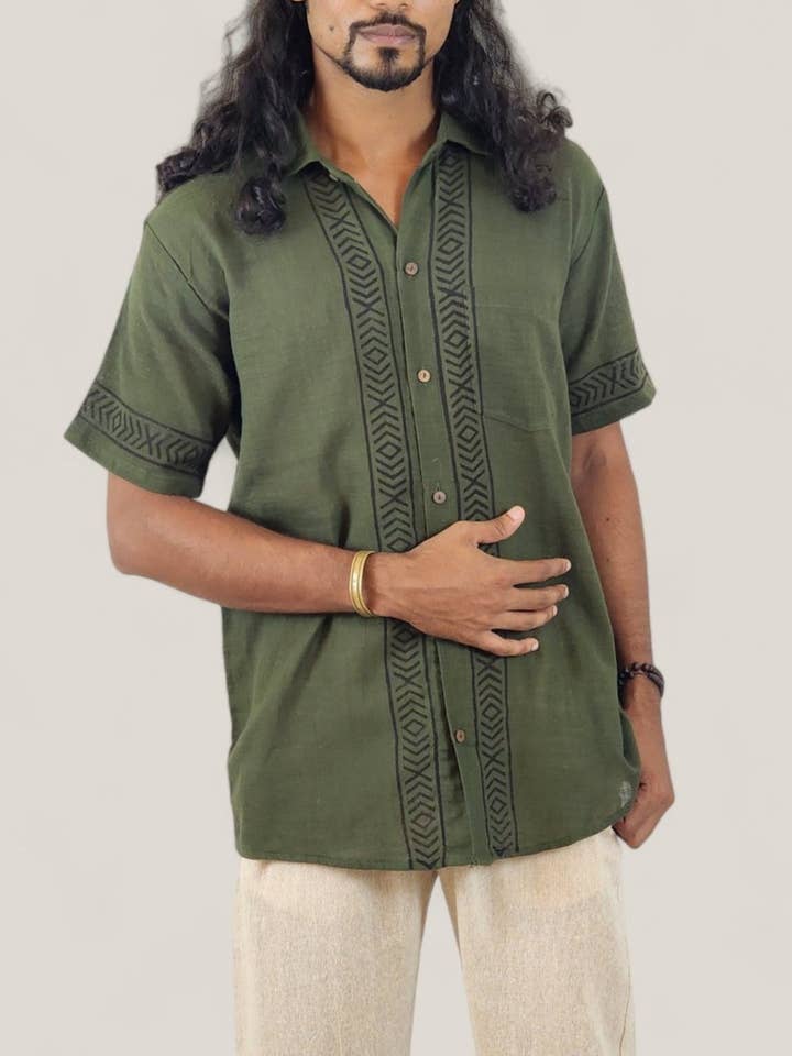 Sacred Ceremony - Wholesale Button Down Shirt - Men's - Men's Green Organic Linen Short Sleeve Block-Printed Button-Down Shirt2