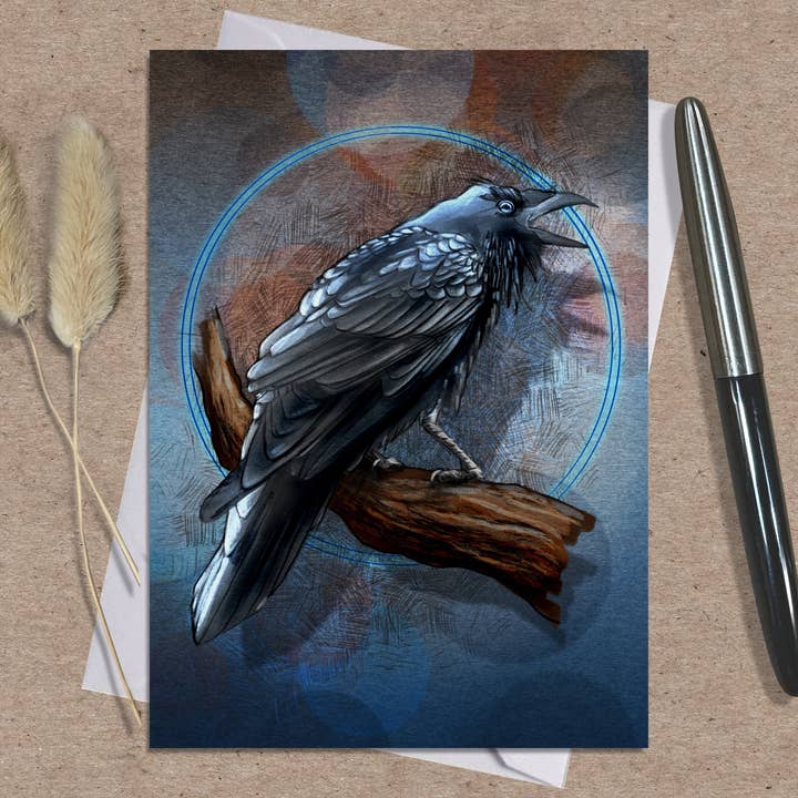 Raven on Blue Bird Greeting Card, 5x7" w/Envelope for wholesale by Coreyartus Imagery