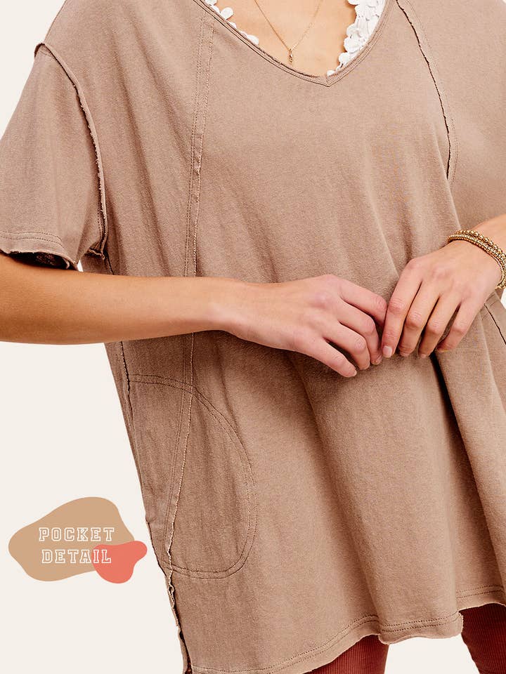 HBT7622-Loose Fit Comfy V-neck Top with Side Pockets for wholesale by La Miel