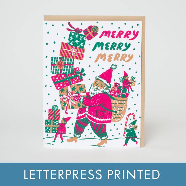 Merry Santa Letterpress Greeting Card by Phoebe Wahl for wholesale by Egg Press Manufacturing