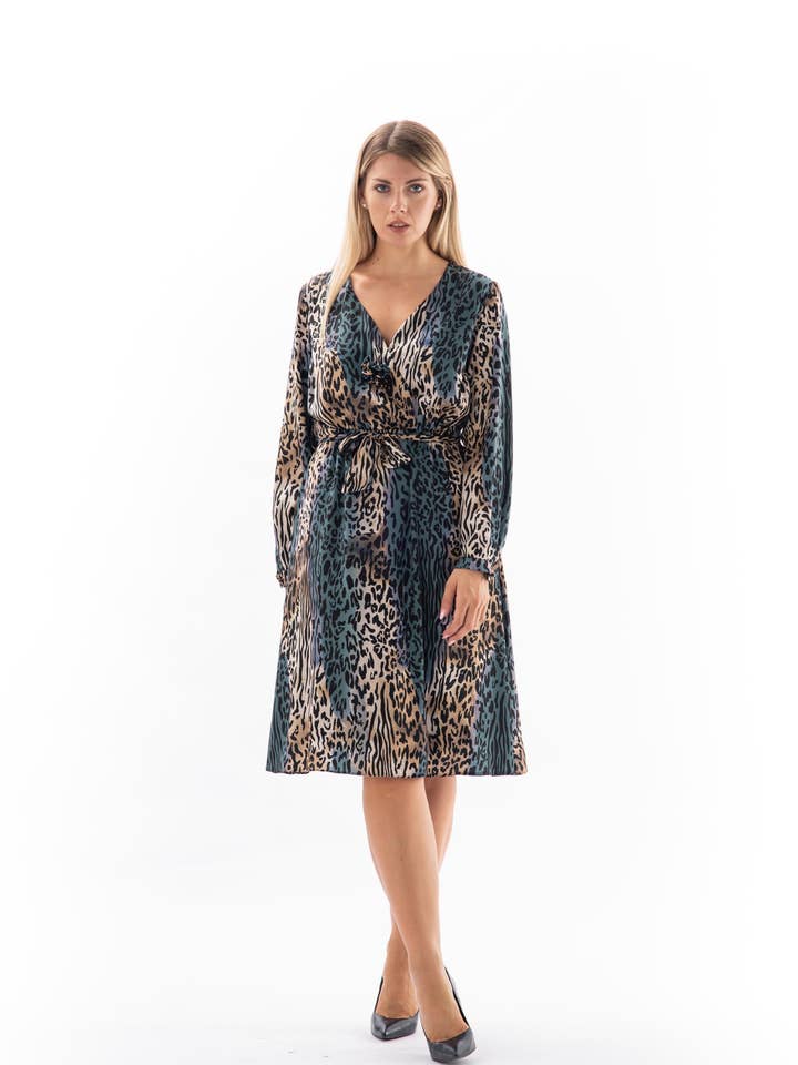 Dress Longsleeve Formal Beige Green Animal Print for wholesale by VIDAL MODES