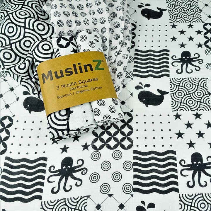Muslinz - MerryGoRoundUK Ltd - Wholesale Burp Cloth - Baby - MuslinZ 3pk Bamboo Organic Cotton Muslin Squares - Sensory