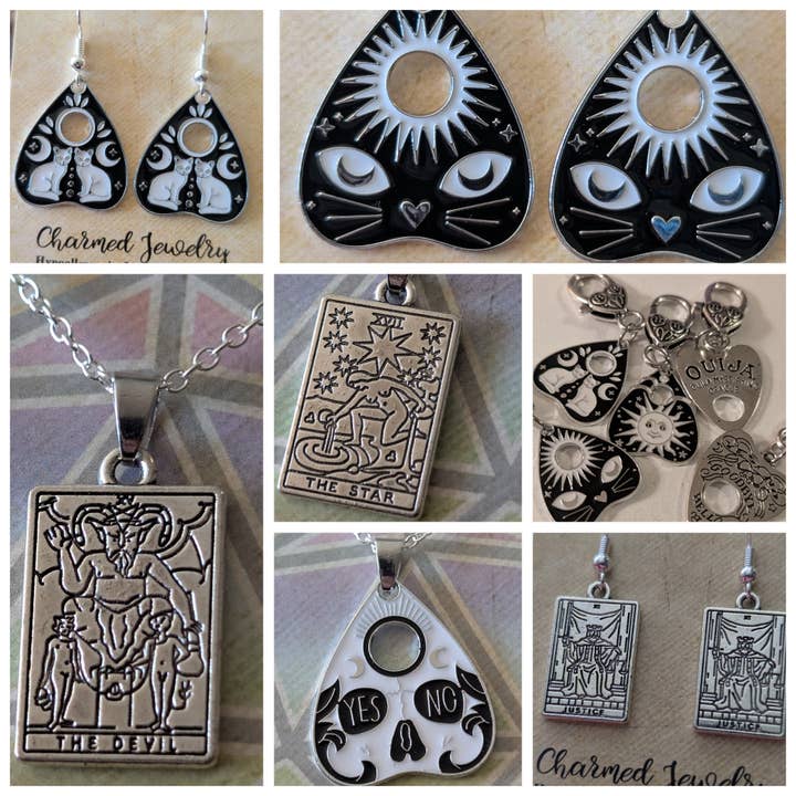 Ouija & Tarot Card Silver Earrings, Necklaces & Zipper Pulls for wholesale by Con-Quest Crafts