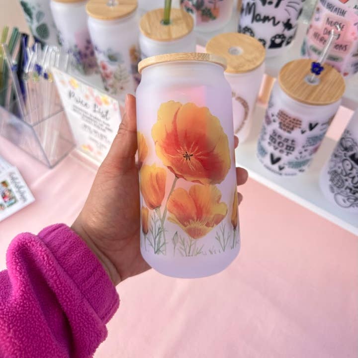 Poppies 18oz Glass Cup (Frosted) California Poppies for wholesale by KraftyKathyDesignsCo