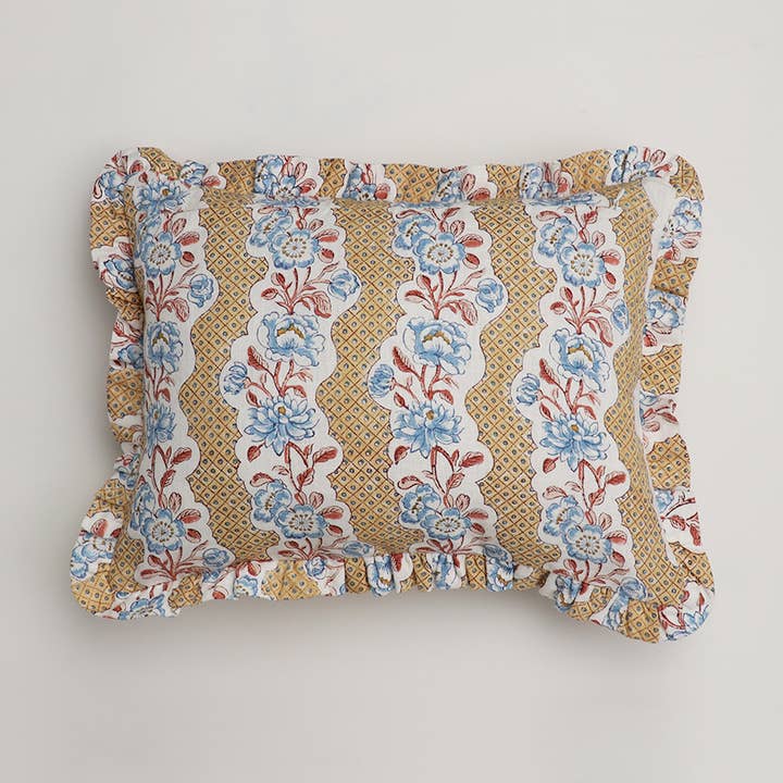 Craft Boat - Venta al por mayor Funda de cojín - Funda de cojín con volantes y estampado de bloques en forma de enrejado amarillo0