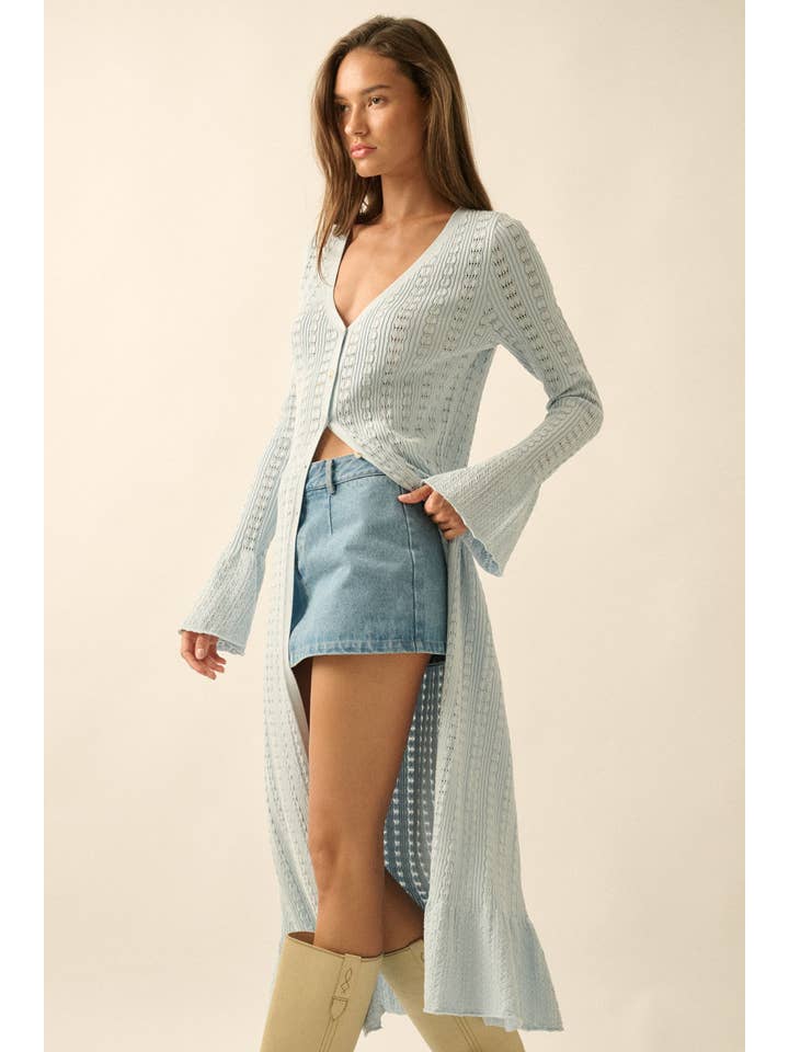 Promesa USA - Wholesale Cardigan - Women's - Pointelle Rib-Knit Trumpet-Sleeve Duster Cardigan3