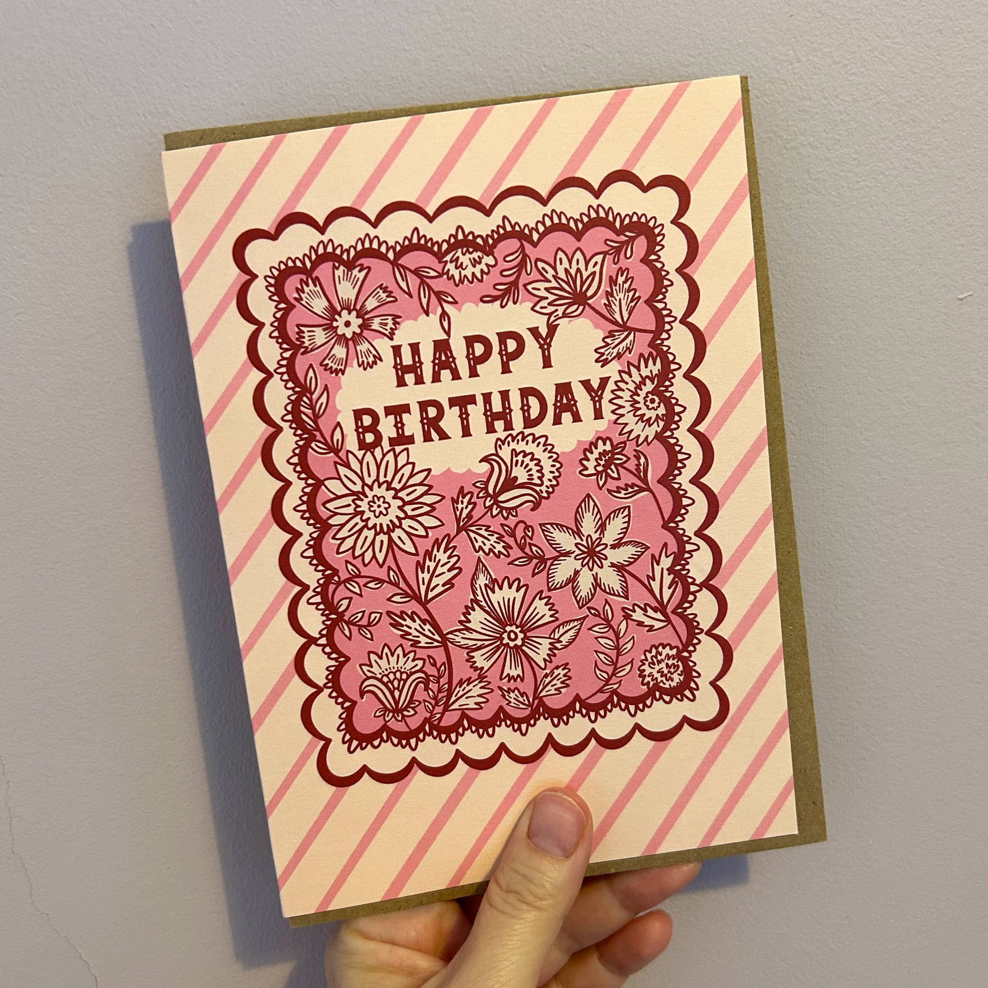 Jessie Maeve Studio - Wholesale Birthday Card - Indian Floral Pink Birthday Card - Stripe & Floral Design2