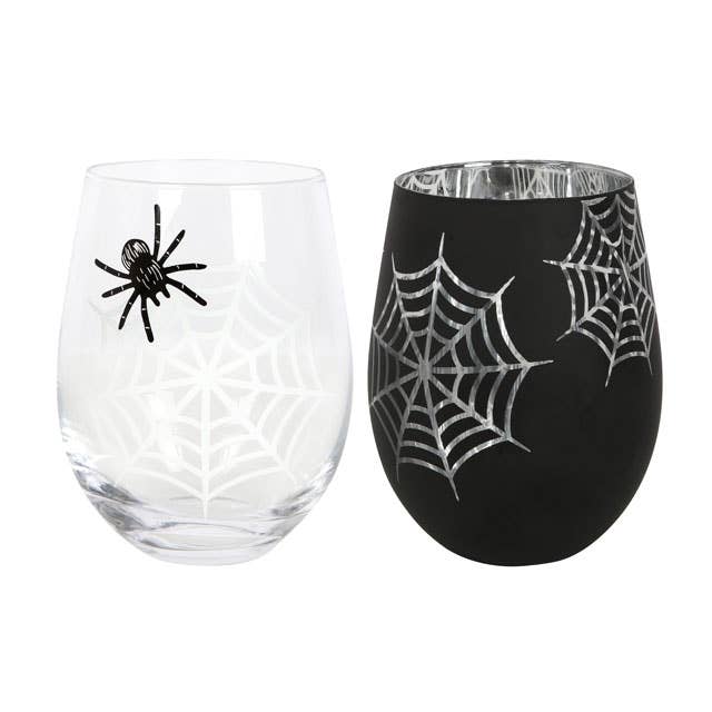 Something Different Wholesale - Wholesale Wine Glass - Set of 2 Gothic Spider and Web Stemless Wine Glasses