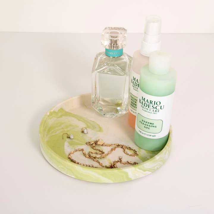 Green & White Marbled Jesmonite Round Plant Pot Tray for wholesale by Lunar Living