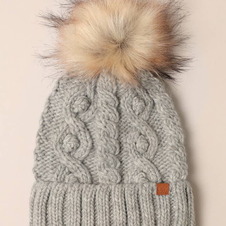 Fashion City - Wholesale Beanie – Women's - Popcorn Trim Knit Beanie w Faux Fur Pom2