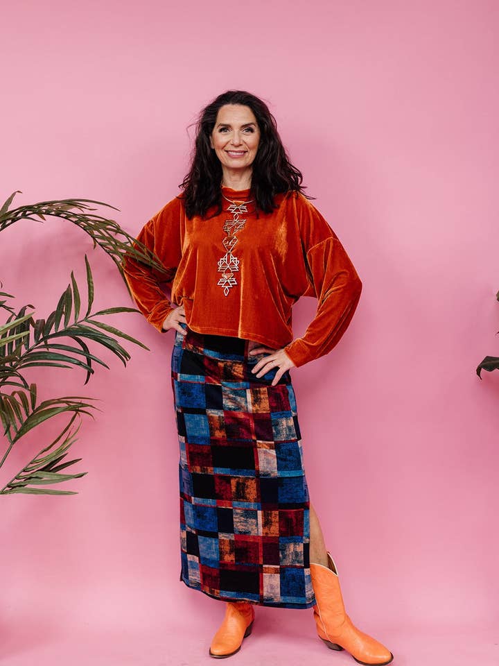 Megan Crook Textiles - Wholesale Blouse - Women's - Velvet Batwing Top in Burnt Orange1