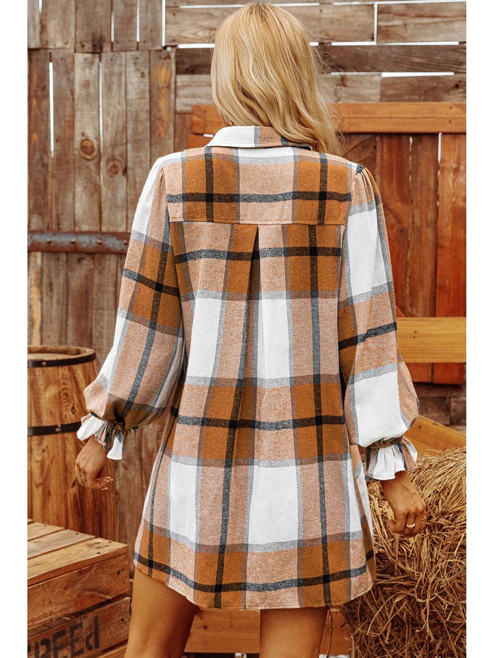 AS SHOWN Fashion-W Plaid Collared Neck Ruffled Sleeve Shirt Dress for wholesale on Faire
