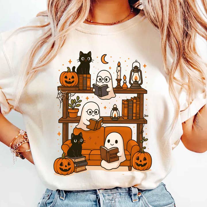 Comfort Colors Ghost Reading Shirt, Halloween Library Shirt for wholesale by Glaime