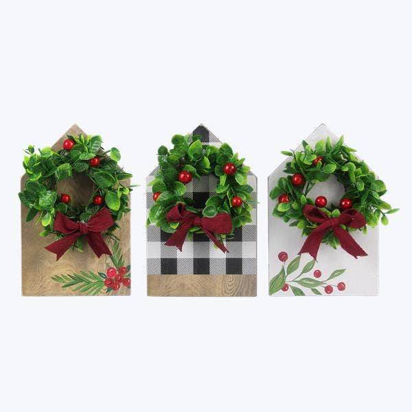 Wood Christmas Tabletop House With Christmas Wreath, 3 Ast for wholesale by Young's