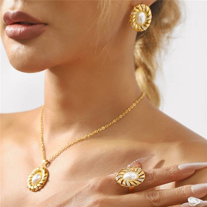 Pearl Diamond Earrings Necklace Ring Set for wholesale by kycozy