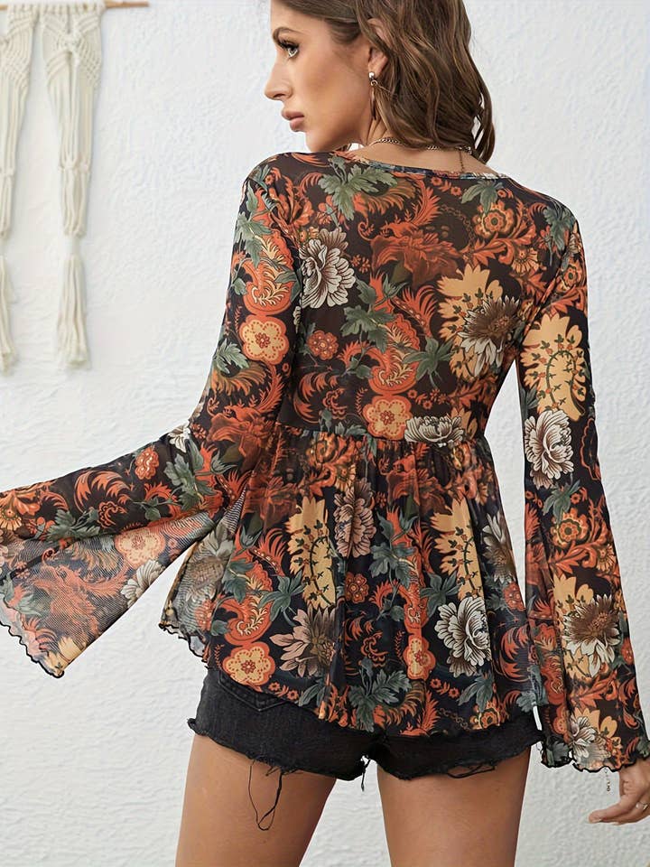 Miss Sparkling - Wholesale Blouse - Women's - Western Printed Bell Sleeve Blouse