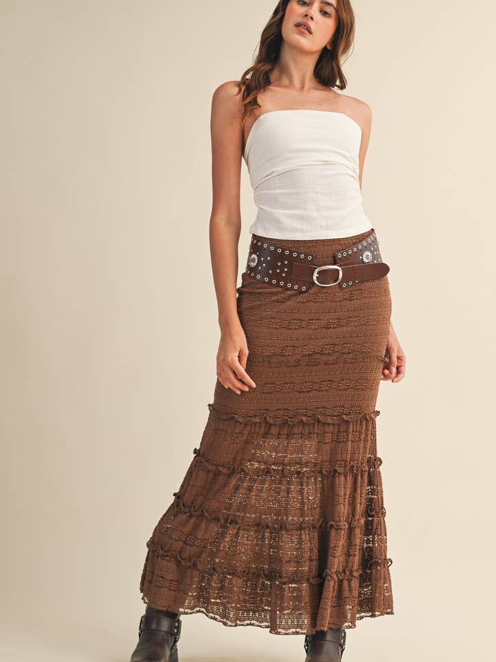 &MERCI - Wholesale Skirt - Women's - LACE TIERED RUFFLE TRIM MERMAID MIDI SKIRT MSK439517